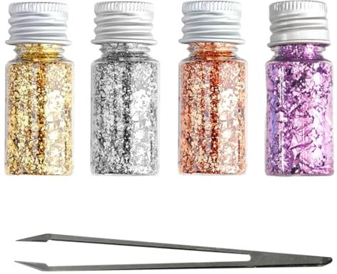 HAZMA 4 Stück 30 Ml Blattgold, Multi-Purpose Blattgold, Multifunctional Decorative Blattgold, Tortendeko Gold,Für Crafts And Table Decoration Celebrations (Kommt Mit Pinzette, Vier Farben)