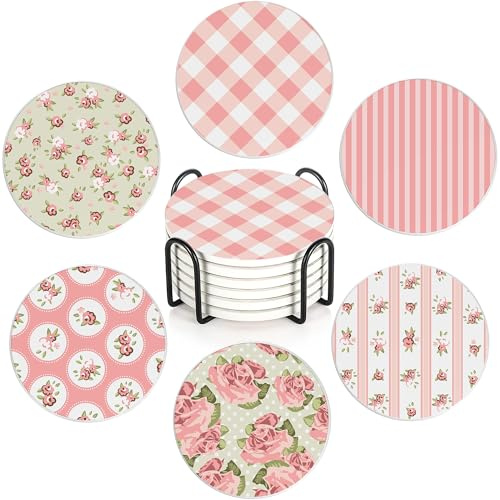 Shabby Chic Flower Set of 6 Absorbent Ceramic Coasters with Cork Base & Holder,10cm Round Drink Mats for Mugs, Wine Glasses - Spill Protection for Wood/Glass Tables
