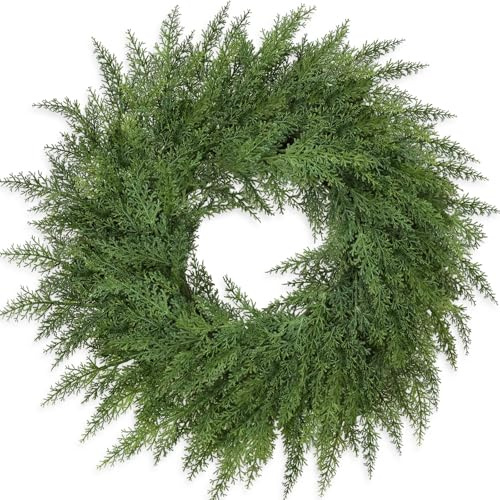 Lush Christmas Wreaths for Front Door Christmas Decorations 24 inch Real Touch Faux Cedar Wreath Winter Wreath Large Green Wreaths for Windows Outdoor Indoor Walls Home Xmas Holiday Decor