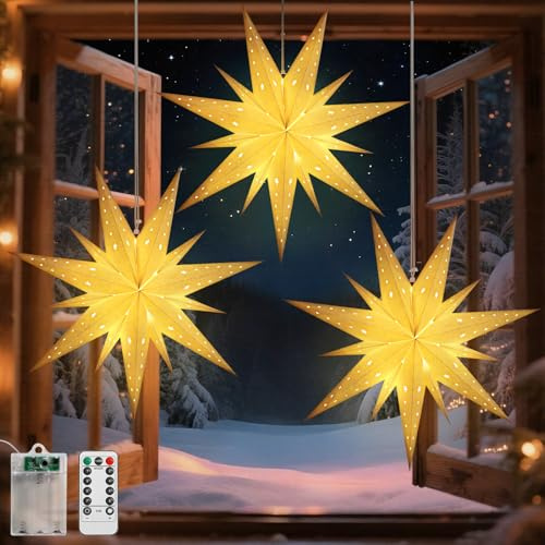 Lewondr Weihnachtsstern Beleuchtet 3 Stück, Papiersterne Weihnachten,LED Stern Fenster Aufhängen mit Fernbedienung ,Weihnachtsdeko Papierstern für Weihnachts Deko Innen 45 cm