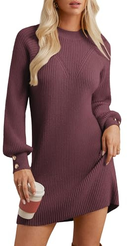 GRACE KARIN Strickkleid Damen Langarm Herbstkleid Winterkleider Laternärmel Pulloverkleid Minikleid Weinrot M