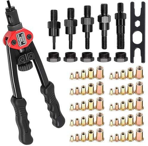 Nietmutternzange Set mit Einpressmuttern - Blindnietmutternzange - 50 Nietmuttern in M3 bis M12 - Ideal für Druckknopf Set mit Zange, Blindnieten Set und ösenzange für Planen - inkl. Muttern Set
