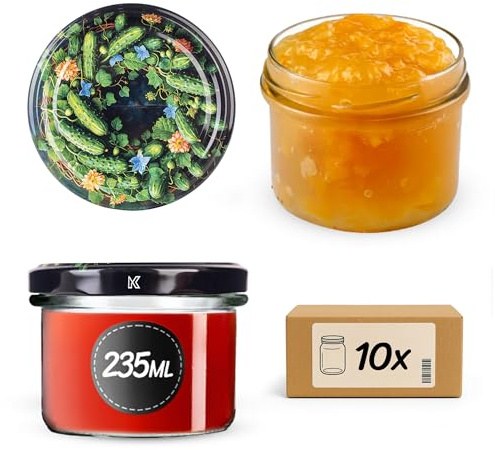 KADAX Juego de 10 tarros de mermelada de 235 ml con tapa de rosca en color verde pepino Ø 82 mm - Tarros para mermelada, chutneys, verduras encurtidas, patés, salchichas, carne, comida para bebés y