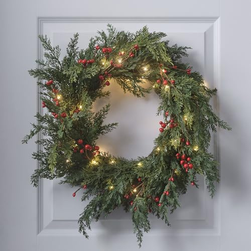 Lights4fun Beleuchteter Türkranz mit künstlichem Tannengrün & roten Beeren | mit 50 warmweißen LEDs | batteriebetrieben & mit Timer | Weihnachten Winter | ø 50 cm | grün/rot