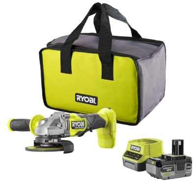 RYOBI 18 V ONE+ Brushless Akku-Winkelschleifer RAG18BL-1C40SL, Scheibendurchmesser 125mm, inkl. Zusatzhandgriff (3-Positionen-Montage), Transporttasche, Akku und Ladegerät