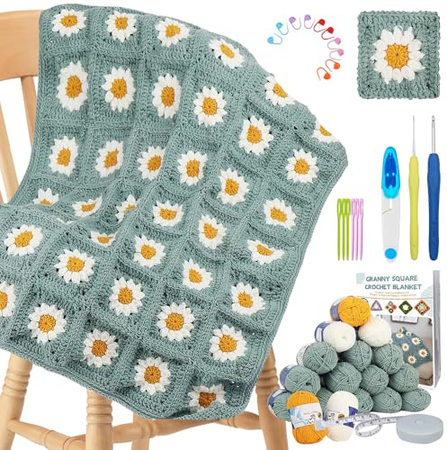 Crochet Blanket Kit, Crochet Kits for Beginners Adults, Daisy Granny Square Blanket Crochet Kit for Beginners with Step-By-Step Instruction, Complete Beginners Crochet Kit for Adults to Learn Crochet
