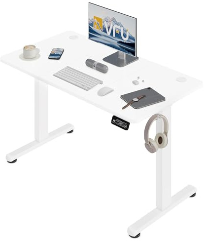 VFU Höhenverstellbarer Schreibtisch mit Speichertasten, 120 x 60 cm | 73–118 cm stufenlos verstellbar, Schreibtisch elektrisch mit Haken, Einfache Montage Stehpult, Computertisch für Homeoffice