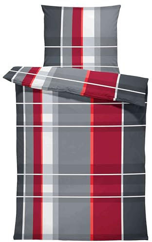 one-home Winter Biber Bettwäsche Baumwolle Kuschelig Flauschig Warme Weiche Flanell Bettbezüge Modern, Größe:2 teilig 135x200 cm, Farbe:Kariert Gestreift rot