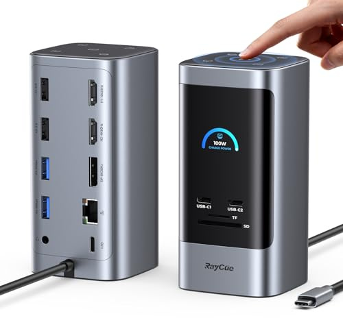 RayCue 15 in 1 Laptop Docking Station 3 Monitors, Triple 8K Display with 3 HDMI, 6 USB Ports, 5 Shortcut Button, Gigabit Ethernet, PD3.0, Smart Display for Windows/Dell/Lenovo/HP...(No Power Adapter)