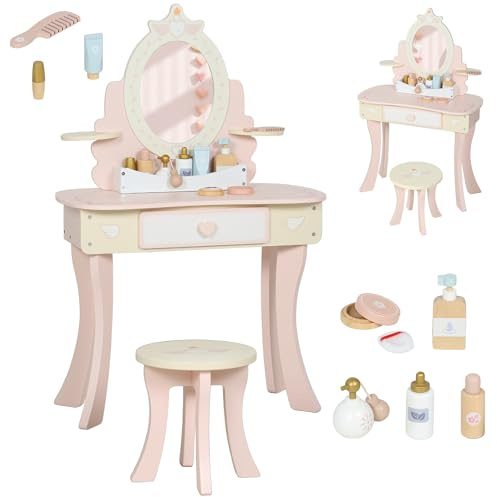 AIYAPLAY Coiffeuse Enfant Fille 2 en 1 avec 7 Accessoires de Jeu, Table de Maquillage avec Miroir en Acrylique, Tabouret, tiroir et Compartiment Ouvert, 59,8 x 29,6 x 89,8 cm, Rose