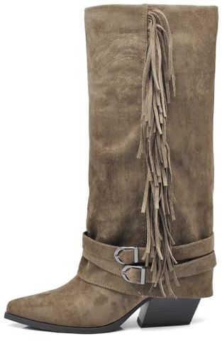 IF Stivali Texani da Donna Cowboy Cowgirl in Camoscio Sintetico con Frange Cinturini e Fibbie Stile Camperos con Ghetta G709 Khaki N.36