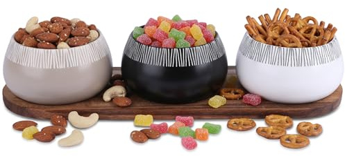 MiCasa SuCasa Servierschalen Set 4-teilig aus Keramik mit Acacia Wood | Servierplatte, 3 Snackschalen für Fingerfood, Tapas, Snacks, kleine Schüsseln für Tisch, Küche, Serviertablett Holz