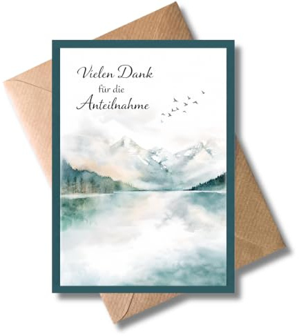 WBdesignz 10er-Set Trauerkarten Danksagung „Vielen Dank für die Anteilnahme“ mit Umschlägen - Beileidskarten mit Aquarell-Landschaftsmotiv - für Trauerfeiern, Beerdigungen, Trost, Abschied (DIN A6)