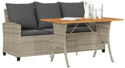 RMIHSJG Divano da giardino 3 posti con cuscino e tavolo grigio chiaro in polyrattan, comoda seduta con piano in legno di acacia e rivestimenti lavabili, resistente alle intemperie