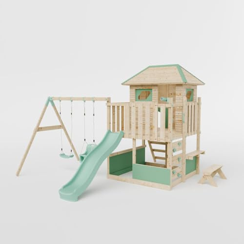 Waltons Wooden Outdoor Kids LittleSummit Large Tower Playhouse with Double Swing & Toddler-Friendly Features | Pressure-Treated Timber Garden Playset for Children | Handmade in the UK