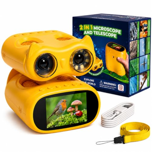 OAEBLLE Microscopio para Niños 2 en 1 con Prismáticos, Pantalla IPS HD de 2,0, Aumento 1000x, 8 Luces LED, Resolución 1080P, Juguete de Naturaleza para Niños y Niñas +3 Años, Amarillo