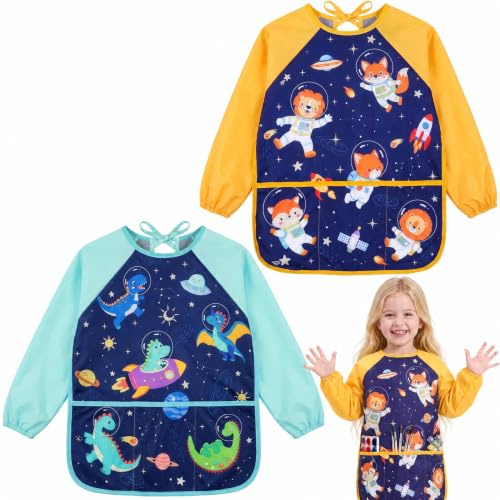ViEinkaufen Kids Art Smock Waterproof with Sleeve Pockets | For Ages 3 8 Painting Cooking Crafts 2 Pack Cartoon Apron