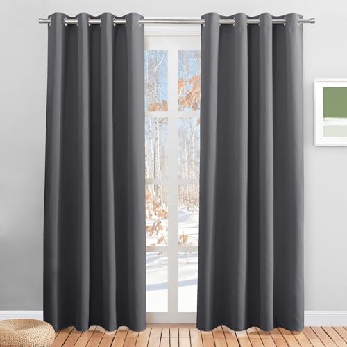 PONY DANCE Grey Window Blackout Curtains with Eyelet for Living Room, Thermal Insulates Energy Saving Curtains 90 Inch Drop Extra Long Drapes for Room Darkening, 2 Panels, W46 X L90, Gray