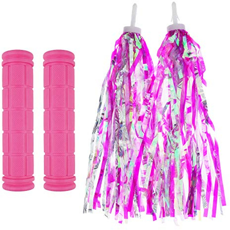 Kasteco 2 Pack Bicycle Bike Handlebar Scooter Streamers and Bicycle Handle Bar Grips,2 Types (Pink)