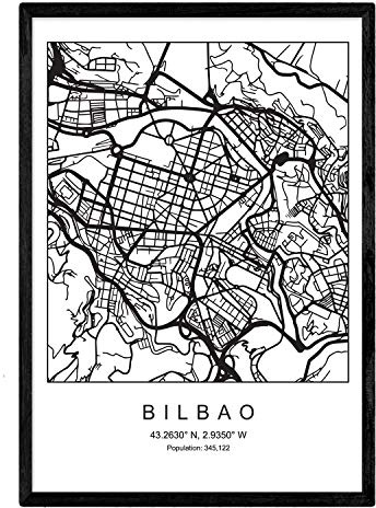 Nacnic Lámina mapa de la ciudad Bilbao estilo nordico en blanco y negro. Poster tamaño A4 Sin marco Impreso papel 250 gr. Cuadros, láminas y posters para salon y dormitorio