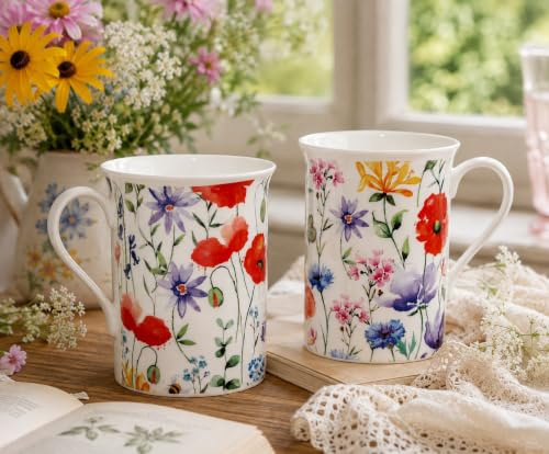 Wildflowers Meadow Mugs Set of 2 Fine Bone China Multi Colour Floral Cups Hand Decorated UK