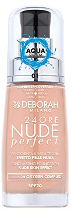 Deborah 24ORE Fondotinta Nude Perfect N.01, Idratante e leggero, Lunga Tenuta, Effetto Nude, Texture Fluida dalla Coprenza Media, per un Incarnato Uniforme, Radioso e Vellutato