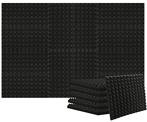 Heavyoff 12 Stück Akustikschaumstoff Platten Schall Dämmung Wanddeko Pyramiden Feuerhemmend Noppenschaumstoff für Tonstudio, Fernsehzimmer, Kinderzimmer 30x30x2,5cm, Schwarz
