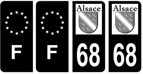 HADEXIA Nummernschild-Aufkleber, französisches Departement 68, Antike Region Alsasse, Schwarz und F, Frankreich, 4 Stück