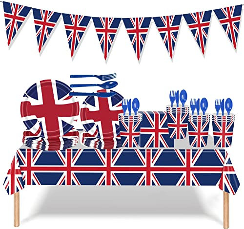 Geagodelia 142Pcs Union Jack Tableware Set 2022 Queen's Platinum Jubilee Party Supplies Table Decorations Tablecloth Bunting Flags Paper Plates Cups Napkins Dinnerware Set