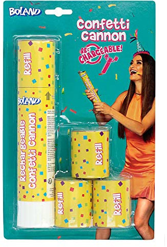 Boland 75102 – Cañón de confeti multicolor en juego con 3 recargas, 21 cm, de papel, fiesta popper, cumpleaños, carnaval, fiesta temática, em, etc