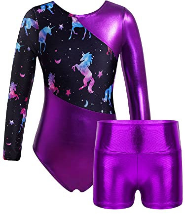 iEFiEL Mädchen Einhörner Turnanzug Langarm Glänzend Gymnastik Kleidung Set Muster Ballett Trikotanzug Tanzkostüme Langarmbody mit Shorts Einhörner Violett 122-128