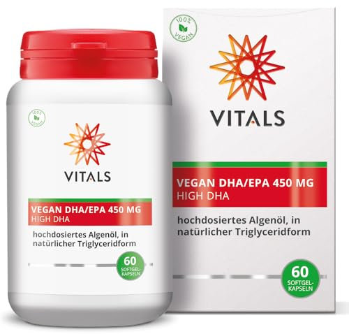 Vitals - Vegan DHA/EPA 450 mg 60 vegan Softgel-Kapseln. Hochdosierte Algenöl in natürlicher Triglyceridform. Mit bis zu 338 mg DHA und 112 mg EPA pro veganer Softgel-Kapsel.