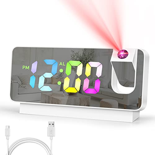 Projektionswecker für das Schlafzimmer, RGB-LED-Farbwechselwecker für Teenager, Kinder, 180°-Projektor und Dimmer, 12/24h, Schlummerfunktion, 19,1 cm Dual-Laut-Wecker (weiß)