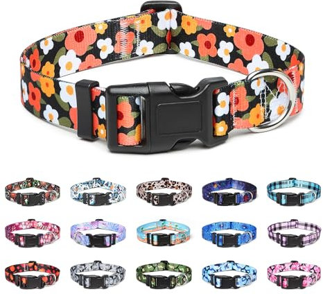 Suredoo Adjustable Dog Collar with Patterns, Ultra Comfy Soft Nylon Breathable Pet Collar for Small Medium Large Dogs (S, Floral Orange)