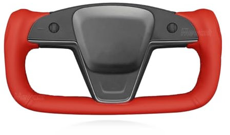 MEWANT Handgenähte rote PU-Leder-Auto-Lenkradabdeckung Wrap für Tesla Yoke Model S Plaid 2021-2023 / Modell X 2021-2023 Lenkradzubehör für Tesla Yoke