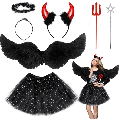 Set di costumi da angelo nero, con ali di angelo, gonna in tulle nero, corna del diavolo, alone, forchetta da diavolo, bacchetta d'angelo, costume da diavolo da donna, per carnevale, cosplay, feste