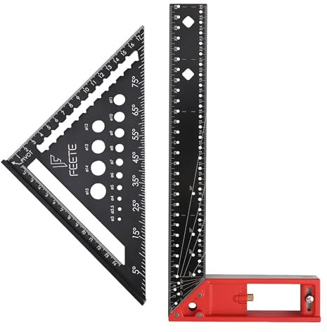 FEETE Zimmermannswinkel Set,180mm Dreieckslineal + 300mm winkelmesser Anschlagwinkel,Multifunktionales Aluminium Winkellineal 45 90 grad winkel für DIY,Holzbearbeitung und Heimarbeit Schwarz L Rafter