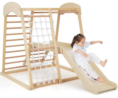 Maxmass Kids Climbing Playset, Multifunctional Wooden Climber Playground with Monkey Bars, Climbing Net, Climbing Ladders & Slide, Indoor Montessori Play Gym for Toddlers (Natural)