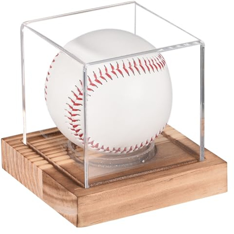 sourcing map Baseball-Vitrine mit Holzsockel, Acryl-Baseballhalter zur Präsentation von Erinnerungsstücken, Walnussholz