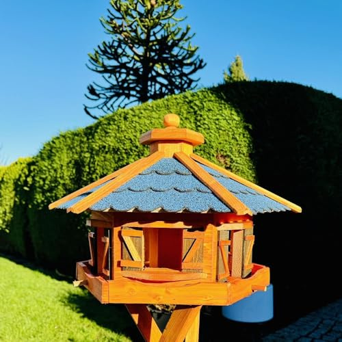 DARLUX Handgefertigtes XL Sechseck Holz Vogelhaus und Bitumschindel Dach | Wetterfest, Vogelfutterhaus, Futterhäuschen, Blau - Braun, XL ohne Ständer