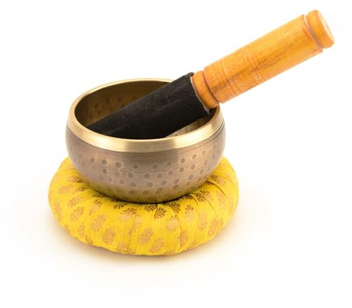 SANKAL - Tibetische Klangschale 7 Metalle - Handgemachte Tibetische Meditation Klangschale Set mit Zubehör - Kissen, Klöppel und Tasche - Buddha und Mantra Gravur (10 cm)