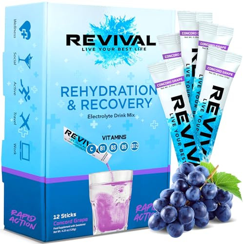 Revival Rapid Rehydration, Electrolytes Powder - High Strength Vitamin C, B1, B3, B5, B12 Supplement Sachet Drink, Effervescent Electrolyte Hydration Tablets - 12 Pack Concord Grape