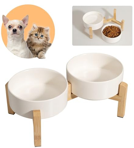 Gamelle Surélevée pour Chien et Chat - Double Bol Céramique avec Support en Bambou - Set pour Nourriture et Eau - Petits Animaux - 2 x 480 ML