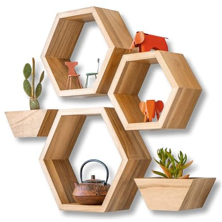 RXMORI 5 Stück Sechseckige Schwebende Holzregale, Wandmontiertes Kunsthandwerk-Pflanzgefäß-Präsentationsregal, DIY-Wandbehang-Aufbewahrungsregal für Heimdekoration