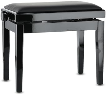 GEWA Pianobank Deluxe Vinyl - Schwarz Hochglanz - Massivholz - Vinyl Sitzbezug - 52x30cm Sitzfläche - Höhenverstellbar - Hochfeste Fixierung - 2t Bruchlast