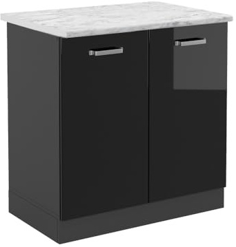 Vicco Spülenunterschrank R-Line, Schwarz Hochglanz, 80 cm | 2 Türen · AP Marmor inkl. · Höhenverstellbare Füße · Großer Innenraum ✓ · ✓ Frei kombinierbar