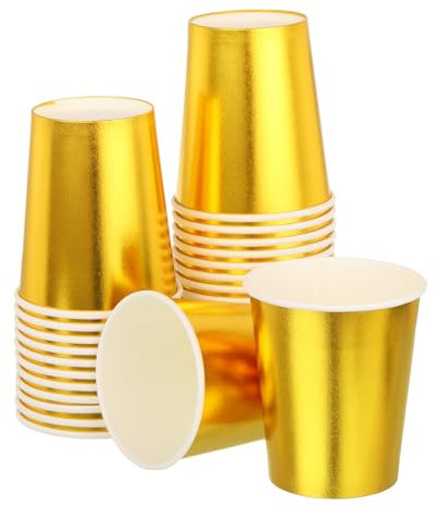 QUARKZMAN Vasos de Papel Desechables, Paquete de 50 Vasos Decorativos de 9 OZ para Café, Té, Adecuados para Fiestas, Picnics, Viajes y Eventos (Dorado)