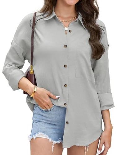 Stamain Camicia Donna Elegante Manica Lunga Blusa Grigio Chiaro Donna Estiva Casual Camicie Misto Cotone e Poliestere Traspirante Antirughe Colletto Classica Taglio Ampio Maglia per Lavoro Taglia M