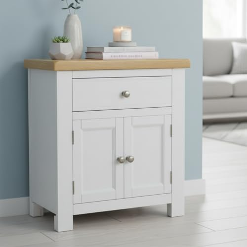 GROFurniture Small Cabinet with Drawer, Painted Storage Cabinet with Oak Top, Mini Sideboard for Livingroom or Hallway Telephone Table, Wooden Storage Cupboard, Ready Assembled Cabinets (White)