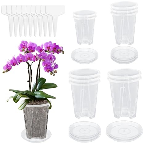 10 Stück klar Orchidee Töpfe, Kunststoff-Pflanzentopf mit Löchern und Untertassen, atmungsaktiv Visual Seed Pot für Orchidee Umtopfen Kit, Baumschule Blumentöpfe für Garten Balkon Indoor Outdoor